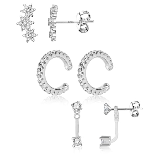 ALEXCRAFT Glitzer Ohrringe Silber 925 Set mit Zirkonia Cuff Ohrstecker Silber für Frauen Freundin Mama Mädchen 3 Paar von ALEXCRAFT
