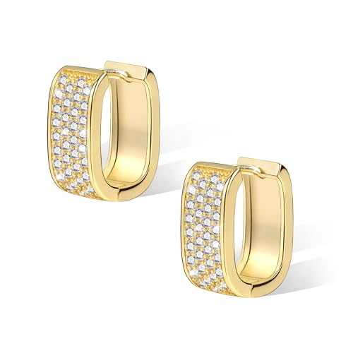 ALEXCRAFT Glitzer Zirkonia Ohrringe Gold Creolen Eckig 14K U Shape Chunky Goldene Ohrringe Damen für Frauen Freundin Mama Mädchen von ALEXCRAFT