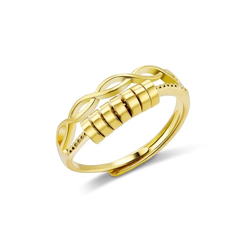 ALEXCRAFT Gold Angst Ringe, 14k Vergoldet Ring Verstellbarer Twist Unendlichkeit Ring Gold Stapelbarer Daumen Finger Einstellbar Anti Stress Spinning Perlen Dekompression Unisex Ringe Damen Herren von ALEXCRAFT