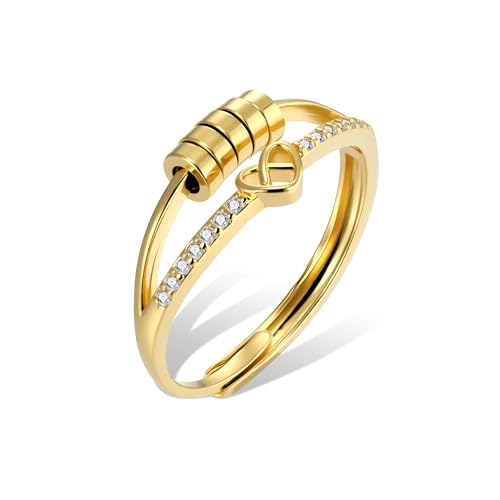 ALEXCRAFT Gold Angst Ringe Damen Herren, 14k Vergoldet Herz Verstellbarer Ringe mit Zirkon, Stapelbarer Daumen Finger Ring Einstellbar Anti Stress Spinning Perlen Dekompressionsring Unisex-Ring von ALEXCRAFT