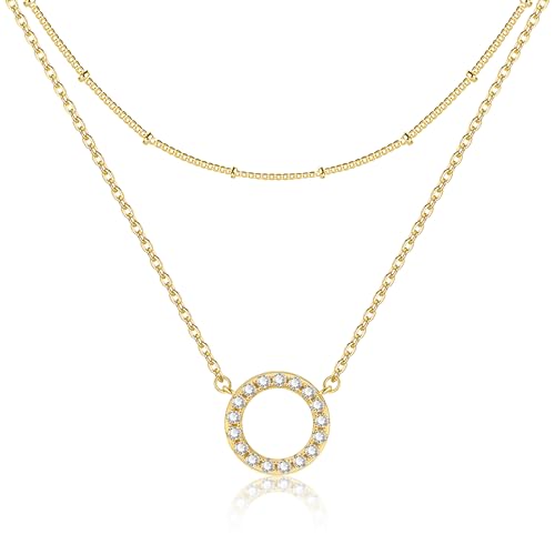 ALEXCRAFT Gold Halskette für Damen, Verstellbares Doppel Kette Layered Halskette mit Zirkonia Runderanhänger Mehrschichtige Halsketten Hypoallergene 14K Gold Schmuck für Frauen und Mädchen von ALEXCRAFT
