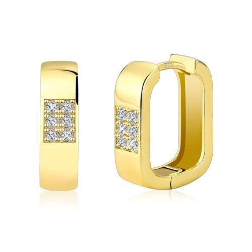 ALEXCRAFT Gold Ohrringe Eckige Creolen, 14K Vergoldete Ohrring Rechteckige Kleine Creolen mit Zirkonia Leichte Breit Dick Klobige Creole Eckig Klein Chunky Golden-Ohrringe Damen Frauen von ALEXCRAFT