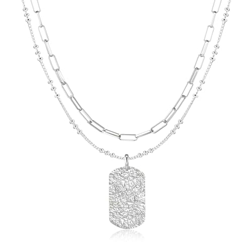 Halskette für Damen, Silber Kette Layered Halskette mit Viereck Anhänger Mehrschichtige Silber Halskette Hypoallergene Personalisierte Kette Silber Modeschmuck für Frauen und Mädchen von ALEXCRAFT