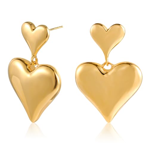 ALEXCRAFT Herz Doppel Ohrringe Gold Ohrstecker Set Hängend 14K Statement Ohrhänger Geschenk für Frauen Freundin Mama Mädchen von ALEXCRAFT