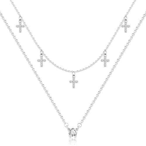 ALEXCRAFT Ketten Kreuz Gold Halskette für Damen Vergoldet Sterling Silber 925 Halsketten mit Zirkonia Doppel Layered Layering Stapelbare Ketten Zweilagige Halsketten Gold Boho von ALEXCRAFT