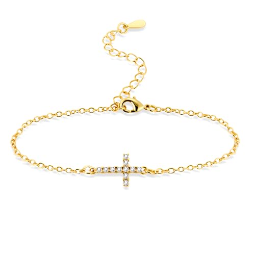 ALEXCRAFT Kreuz Armband Gold Damen Wasserfest mit Zirkonia Armkette Schmuck Verstellbare Kette Valentinstag Muttertag Geburtstags Weihnachten für Sie Frauen Freundin Mama Geschenke 17+5cm von ALEXCRAFT