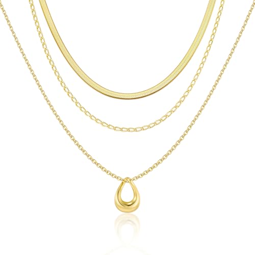 ALEXCRAFT Layered Halskette Damen Herren, Goldkette Tropfenanhänger Mehrschichtige 14K vergoldet Halskette Chunky Triple Ketten Lange Layered Halsketten Set Goldenschmuck für Frauen und Mädchen von ALEXCRAFT