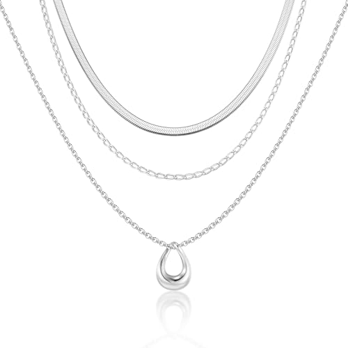 ALEXCRAFT Layered Halskette Damen Herren, Silberkette Tropfenanhänger Mehrschichtige Halskette Triple Ketten Lange Chunky Layered Kette Halsketten Set Silberschmuck für Frauen und Mädchen von ALEXCRAFT
