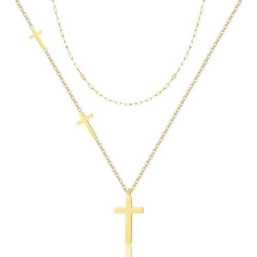 ALEXCRAFT Layered Kreuz Kette Gold Damen Halskette mit Anhänger Modeschmuck für Sie Frauen Freundin Mama Kreuz Größe 12 * 23cm Kette Länge 45+5cm von ALEXCRAFT