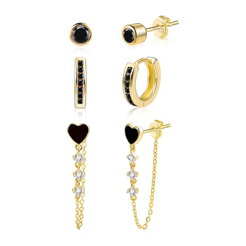 Schwarz Ohrringe Gold Damen, 14K Vergoldet Multipack Stapelbar Ohrring Set Silber 925 Ohrstecker Schwarz Zirkonia Kleine Creolen Chirurgenstahl Edelstahl Piercings Ohrringe Gold für Mehrere Ohrlöcher von ALEXCRAFT
