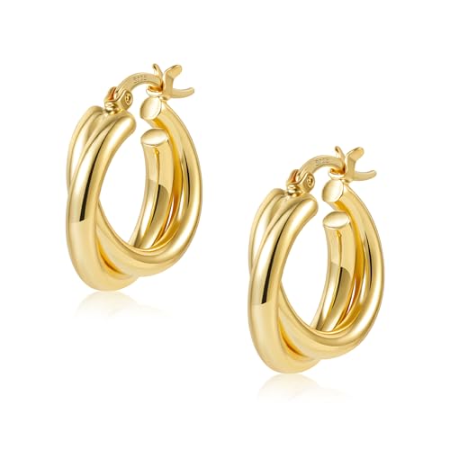 ALEXCRAFT Doppel Creolen Gold, Hypoallergen 14 Karat Vergoldet Ohrringe Kreuz Twist Dick Kleine Huggie Piercing Gedrehte Breit Klobig Chunky von ALEXCRAFT