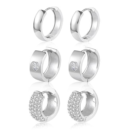 ALEXCRAFT Ohrringe Silber 925 Creolen Damen, Creolen Silber 925 Klobig Kleine Ohrringe Set, 3 Paar Multipack Silber Knorpel Ohrringe Huggie Creolen Klobig Leicht Breit Glitze Strass Zirkon Creolen von ALEXCRAFT