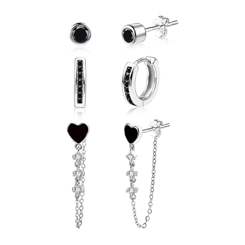 Schwarz Ohrringe Silber 925 Hypoallergene Stapel Piercing Ohrring Set für Mehrere Ohrlöcher Schwarz Zirkonia Edelstahl Chirurgenstahl Ohrstecker Silber 925 Creolen Kleine Ohrringe für Damen Frauen von ALEXCRAFT