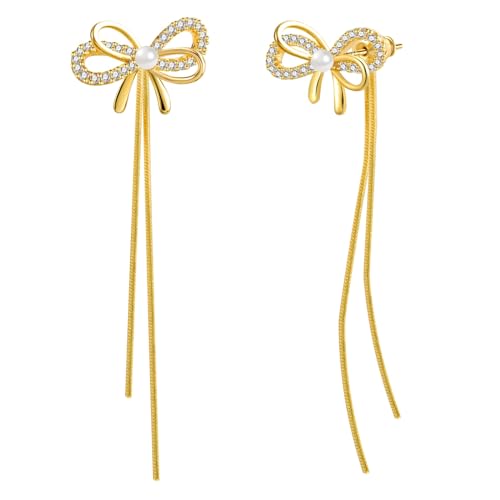 ALEXCRAFT Schleifen Ohrringe Gold Creolen Damen Zirkonia Penlen 14K Bow Earrings Vergoldete Ohrringe Geschenk für Frauen Freundin Mama Mädchen von ALEXCRAFT