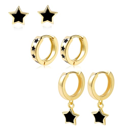 ALEXCRAFT Schwarz Stern Ohrringe Gold Creolen Ohrstecker Set Klein Damen 14K Vergoldete Ohrringe für Frauen Freundin Mama von ALEXCRAFT