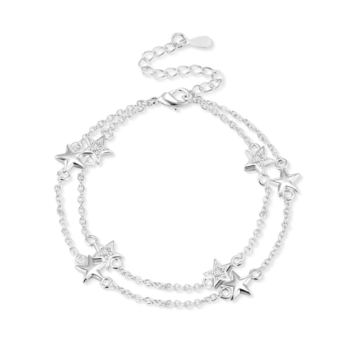 ALEXCRAFT Silber 925 Armband für Damen - Stern Armband Verstellbare Layered Armbänder Armschmuck Armbänder Freundschaftsarmband für Frauen und Mädchen Geschenke 17+5cm von ALEXCRAFT