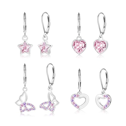 ALEXCRAFT Silber 925 Ohrringe Hängend Französische Ohrhänger Tropfenohrringe Glänz Silber 925 Creolen mit Zirkon Rosa Stein Kleine Creolen mit Herz Schmetterling Stern Anhänger Ohrringe Set Damen von ALEXCRAFT