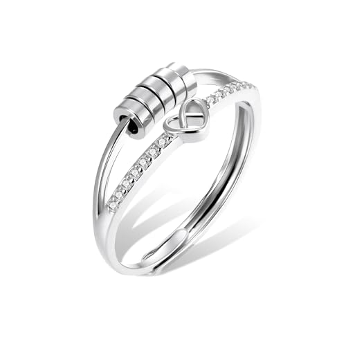 ALEXCRAFT Silber Angst Ringe Damen Herren, 925 Sterling Silber Ringe Herz Verstellbarer Ring mit Zirkon, Stapelbarer Daumen Finger Einstellbar Anti Stress Spinning Perlen Dekompression Unisex Ring von ALEXCRAFT