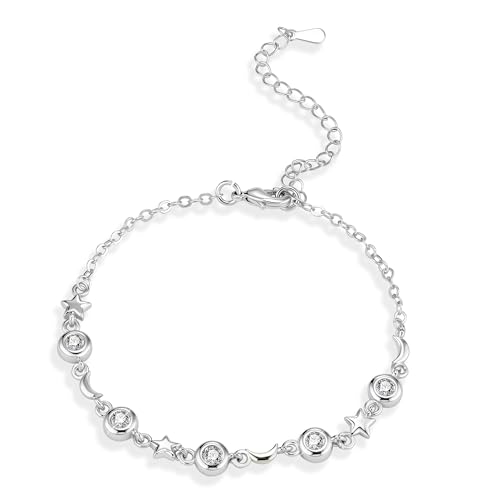 Silber Damen Armband mit Stern-Mond-Design | 22 cm Länge & Silberoptik | Umrandete Zirkonia-Steine | Leicht & Hautfreundlich von ALEXCRAFT