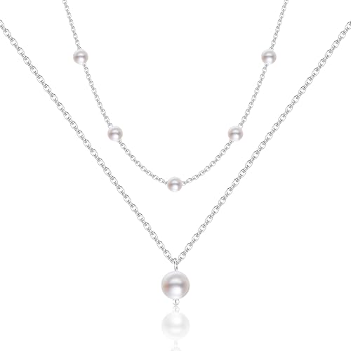 ALEXCRAFT Silber Halskette für Damen, Verstellbares Doppel Kette Layered Halskette mit Perlenanhänger Mehrschichtige Silberhalskette Hypoallergene Silber Schmuck für Frauen und Mädchen von ALEXCRAFT