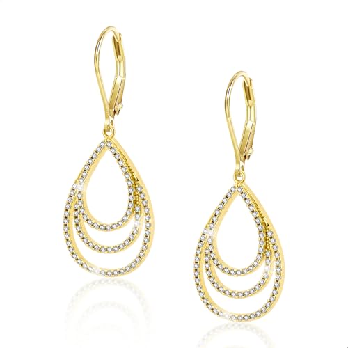 ALEXCRAFT Damen Ohrringe Gold Hängend Zirkonia Ohrhänger Glitzer Gold Ohrringe Mit Zirkonia Creolen Oval Gehämmert 3 Creolen Lang Glitzer Strass von ALEXCRAFT