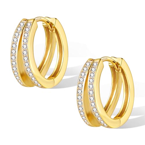 Creolen Gold Doppel Ohrringe Damen, ALEXCRAFT Kleine Creolen mit Stein Strass Zirkon Ohrringe Gold, Glitze Silber 925 Creolen Klobige 9ct Gold Ohrringe Vergoldete Knorpel Huggie Kreolen Kleine von ALEXCRAFT