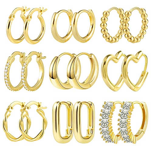 ALEXCRAFT Creolen Gold Ohrringe, Damen 14k Echt Vergoldete Multipack Kleine Set, Oval Herz Zirkonia Twist Quadrat klobig Hypoallergen Piercing Knorpel für Mädchen von ALEXCRAFT