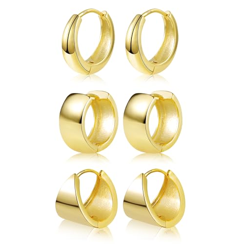 Creolen Gold Ohrringe Damen Creolen Klobig Gold Kleine Set, 3 Paar Multipack 14K Vergoldet Knorpel Kreolen Huggie Creolen Oval Klobig Leicht Breit Ohrringe Mini Kleine Creolen für Damen Mädchen von ALEXCRAFT