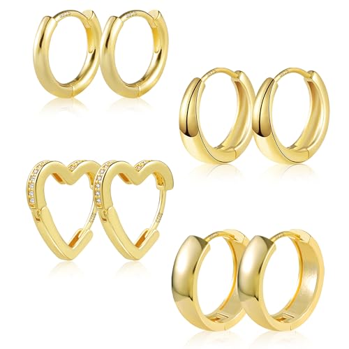 Creolen Gold Set Damen, 4 Paar Multipack Ohrringe Klein Gold Set, 14k Vergoldete Ohrringe Oval Quadrat Breit Kreolen Herz Creolen Huggie Kreolen Kleine Knorpel Ohrringe Gold Mädchen Damen Frauen von ALEXCRAFT