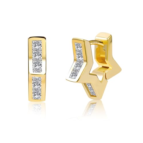 Gold Ohrringe Damen, Kleine Klobige Stern Creolen Hypoallergen Stern Ohrringe Mini CZ Dicke Creolen Ohrring Kleine Huggie Ohrring Statement fur Damen Mädchen von ALEXCRAFT