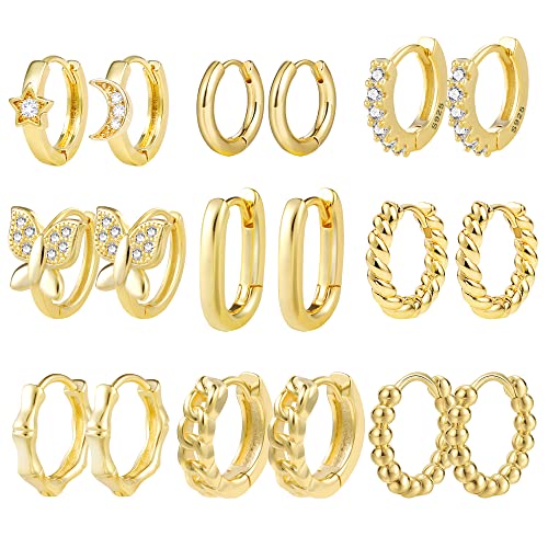 Kleine Creolen Ohrringe Gold Set, 9 Paar 14k Echt Vergoldete für Damen, Hypoallergen Multipack ZirkoniaTwist Quadrat Stern Mond Klobig Huggies Kreolen Piercing von ALEXCRAFT