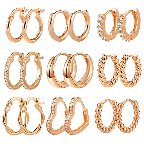 ALEXCRAFT Creolen Roségold Ohrringe Set, 9 Paar Multipack Roségold Creolen Kleine für Damen, 14k Vergoldet Roségold Creolen mit Zirkonia Twist Herz klobig Knorpel Huggie Creolen Set Roségold Mädchen von ALEXCRAFT