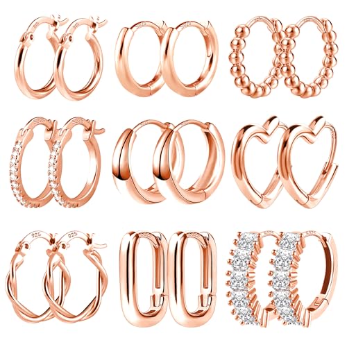 Creolen Roségold Ohrringe Set, ALEXCRAFT 9 Paar Multipack Roségold Ohrringe Creolen Kleine für Damen Frauen, Roségold Creolen Eckig Herz Knorpel Huggie Kreolen Mehrere Ohrlöcher Piercing Ohrringe von ALEXCRAFT