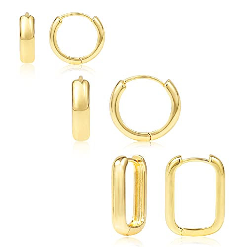 Gold Creolen Set für Damen,14 Karat Vergoldete Gold kreolen Ohrringe Gold Huggie Creolen Hypoallergen Kleine Quadratische Huggies Creolen Gold Ohrringe Set für Damen Mädchen(3 Paar) von ALEXCRAFT