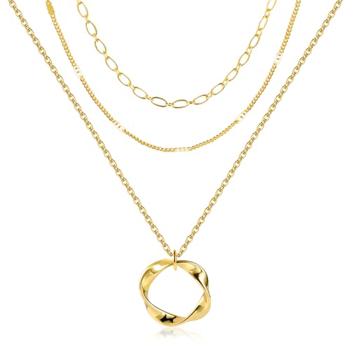 Gold Layered Halskette Damen, Silberkette mit Runde Anhänger Mehrschichtige Halskette Triple Ketten Lange Halskette Personalisierte Layered Kette Halskette Set Modeschmuck für Frauen und Mädchen von ALEXCRAFT
