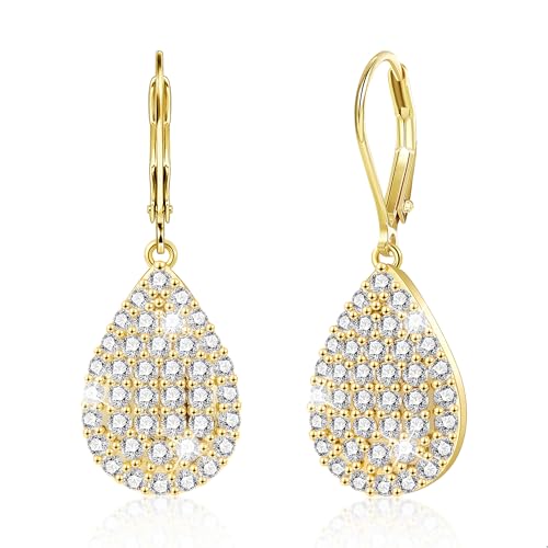 Gold Ohrringe Hängend Wassertropfen Zirkonia Ohrringe 14K Vergoldet Sterling Silber 925 Französische Ohrhaken Ohrhänger Lange CZ Zirkonia Wassertropfen Anhängerohrring Damen Frauen von ALEXCRAFT