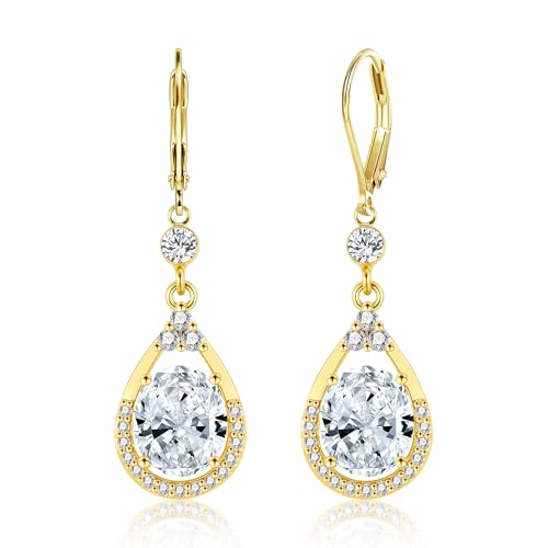 Gold Ohrringe Hängend für Damen, 14k Vergoldet Wassertropfen Zirkonia Anhängerohrring Sterling Silber 925 Ohrhänger Lange Träne Wassertropfen Baumelnde Ohrring Gold Hochzeits Schmuck für Damen Frauen von ALEXCRAFT