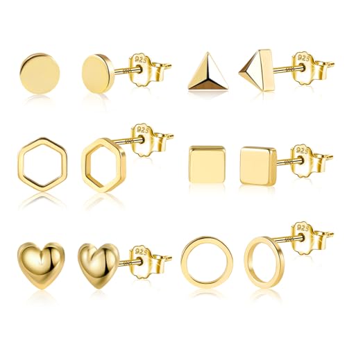 Gold Ohrringe Ohrstecker Set für Damen, Kleine Geometrische Ohrstecker Set 6 Paar Hypoallergen Mini Herz Ohrringe Dreieck Quadrat Hohl Ohrsteck Statement Ohrsteck Mehreren Piercings von ALEXCRAFT