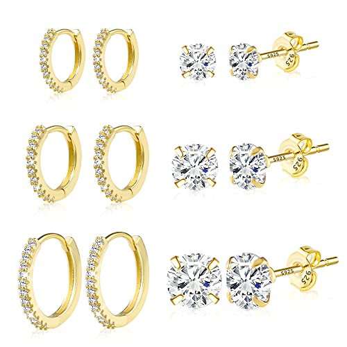 ALEXCRAFT Gold Ohrringe Set, Damen Kleine Gold Creolen AAA+ Diamant Zirkonia Ohrstecker Ohrringe Set, 6 Paar 14K Echt Vergoldete Hypoallergen 925 Knorpel Huggie Creolen Ohrringe Mini Kugel Ohrstecker von ALEXCRAFT