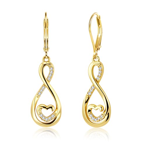 Gold Zirkonia Ohrringe Hängend, 14K Vergoldet Silber 925 Ohrringe Französische Ohrhaken Lange CZ Zirkonia Unendlichkeits Herz Twist Wassertropfen Anhängerohrring Ohrhänger Damen Frauen von ALEXCRAFT