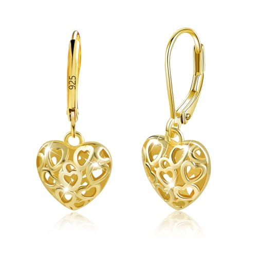 ALEXCRAFT Herz Ohrringe Gold Sterling Silber 925 Hängend Leverback Ohrringe für Damen Geschenk für Frauen Freundin Mama Mädchen von ALEXCRAFT