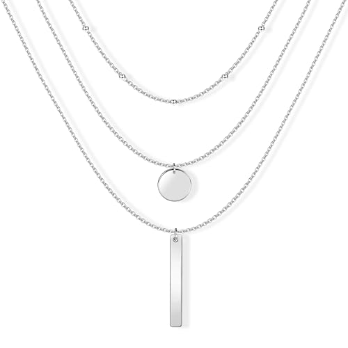 Layered Halskette Silber Damen Herren, Silberkette Runde Anhänger Bar Anhänger Mehrschichtige Halskette Triple Ketten Lange Halskette Layered Kette Halskette Set Modeschmuck für Frauen und Mädchen von ALEXCRAFT