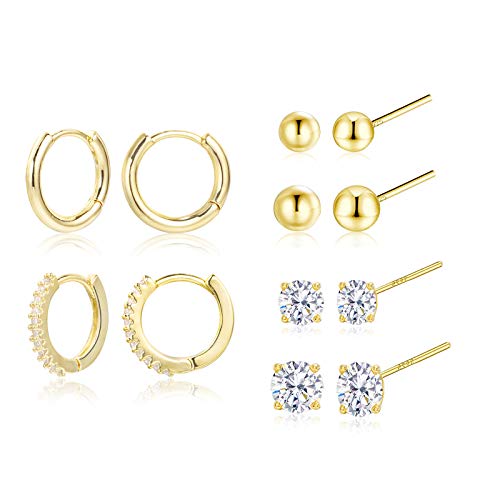 ALEXCRAFT Ohrringe Gold, Creolen AAA+ Ohrstecker Ohrringe Set, 6Paar 14K Vergoldete 925 Silber Klein mit Zirkonia, Huggies Schlafen Kreolen Hypoallergen für Damen Mädchen von ALEXCRAFT