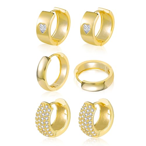 Creolen Gold Set Ohrringe Damen, Silber 925, 3 Paar Multipack, 14K Vergoldet Knorpel Ohrringe Huggie, Klobig, Leicht, Breit, Glitzernd mit Strass Zirkon von ALEXCRAFT