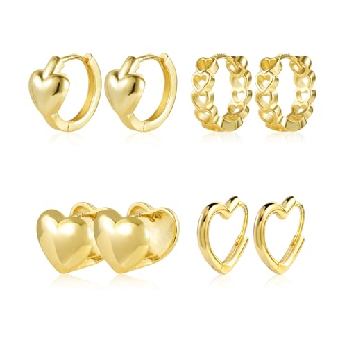 Ohrringe Gold Creolen Herz Set, ALEXCRAFT 4 Paar Multipack 14K Vergoldet Ohrringe Set Kleine Herz Creolen Damen Mädchen Silber 925 Creolen Ketten Huggie Kreolen Creolen Herzform Ohrringe Gold Set von ALEXCRAFT