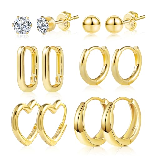 Ohrringe Gold Set, ALEXCRAFT 6 Paar Kleine Creolen Silber 925 Ohrstecker Ohrringe Gold Damen Eckig Herz Creolen Knorpel Huggie Kreolen Kleine 9ct Gold Ohrstecker Piercing Ohrring für Mehrere Ohrlöch von ALEXCRAFT