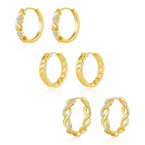 Ohrringe Gold Set Damen, Kleine Creolen Gold Set, 3Paar Sterling Silber 925 Ohrringe Herz Kette Twist Glitz Zirkon Creolen, 9ct Gold Ohrringe Set Kleine Knorpel Huggies Kreolen Creolen Vergoldet Set Ohrringe Gold Set Damen, Kleine Creolen Gold Set, 3Paar Sterling Silber 925 Ohrringe Herz Kette Twist Glitz Zirkon Creolen, 9ct Gold Ohrringe Set Kleine Knorpel Huggies Kreolen Creolen Vergoldet Set von ALEXCRAFT