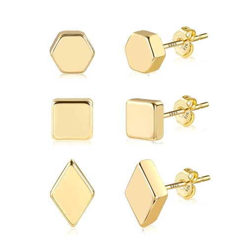 Gold Ohrringe Ohrstecker Set Damen, Kleine Geometrische Ohrstecker Hypoallergen Quadratische Ohrsteck Klein Sechseckiges Ohrsteck Statement Flaches Ohrringe für Mehreren Piercings von ALEXCRAFT