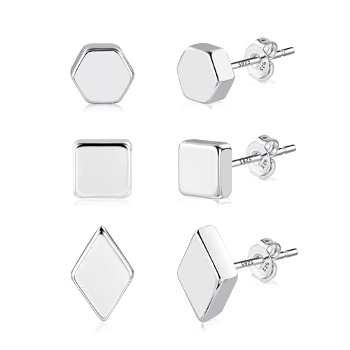 Silber 925 Ohrringe Kleine Ohrstecker Set Damen, Kleine Geometrische Ohrstecker Hypoallergen Quadratische Ohrstecker Kleine Sechseckiges Ohrstecker Statement Flaches Ohrringe für Mehreren Piercings von ALEXCRAFT