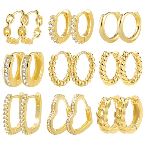 Ohrringe Set Gold, 9 Paar Multipack Creolen Gold Set 14k Echt Vergoldete Creolen Kleine für Damen, Creolen mit AAA+ Zirkonia Knorpel Piercing Ohrringe Creolen Gold Quadrat Twist Herz Ketten von ALEXCRAFT